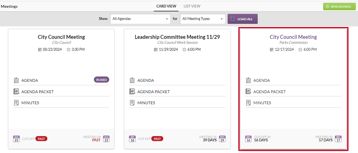 The example restored agenda within the Meetings module.