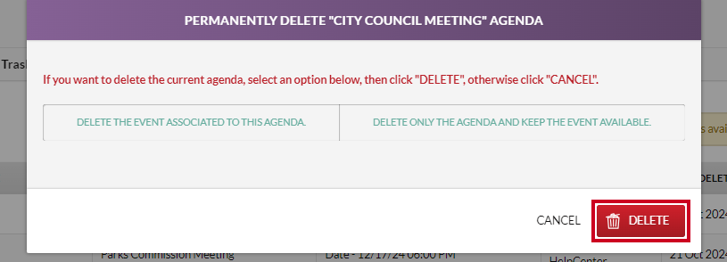 A deletion confirmation popup message.
