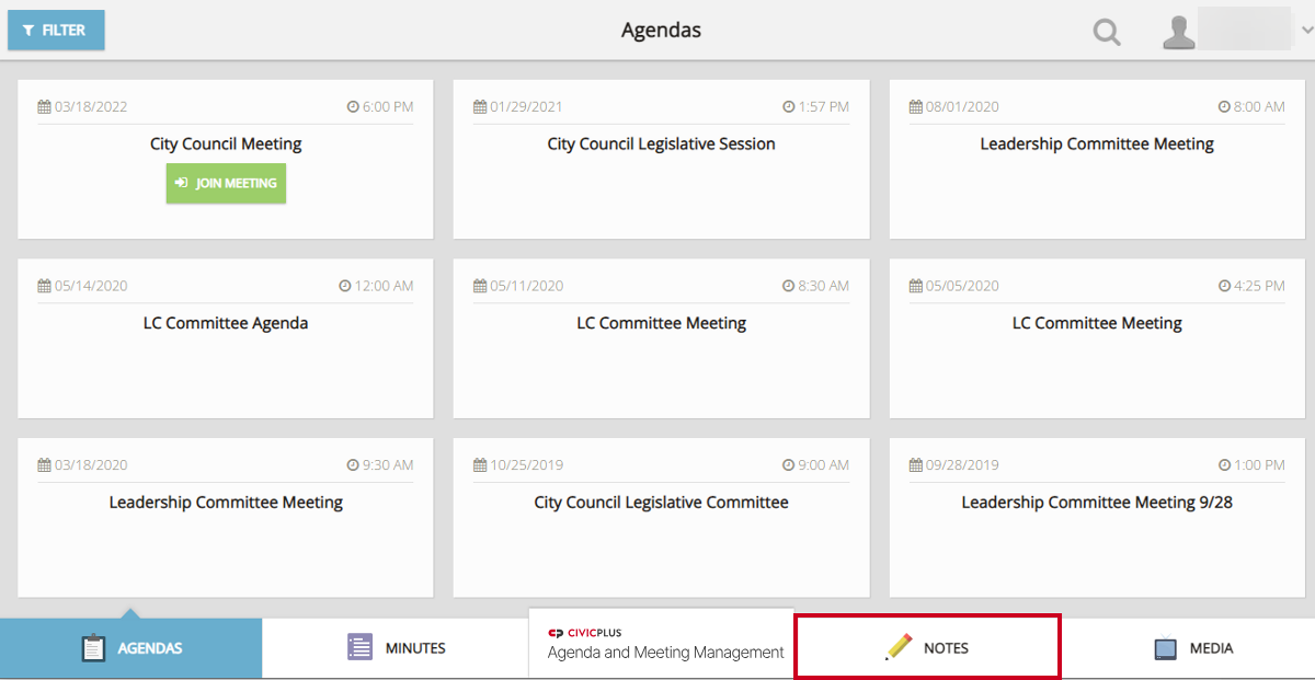 A white, rectangular tab with the word Notes spelled out and a pencil icon at the bottom of the Board Portal screen.