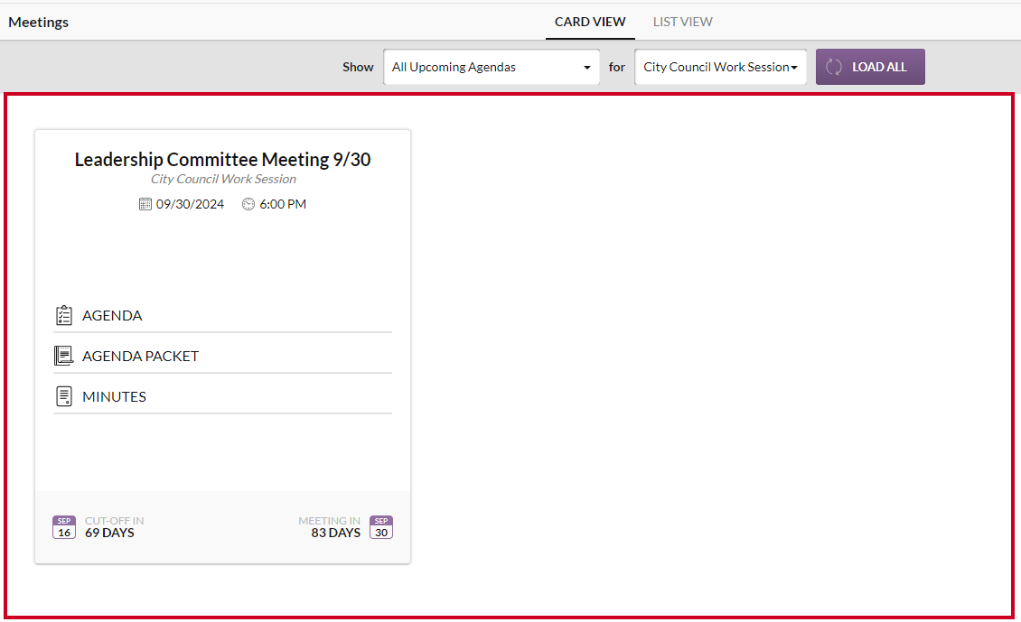 An example filtered result below the Show and For agenda filters.