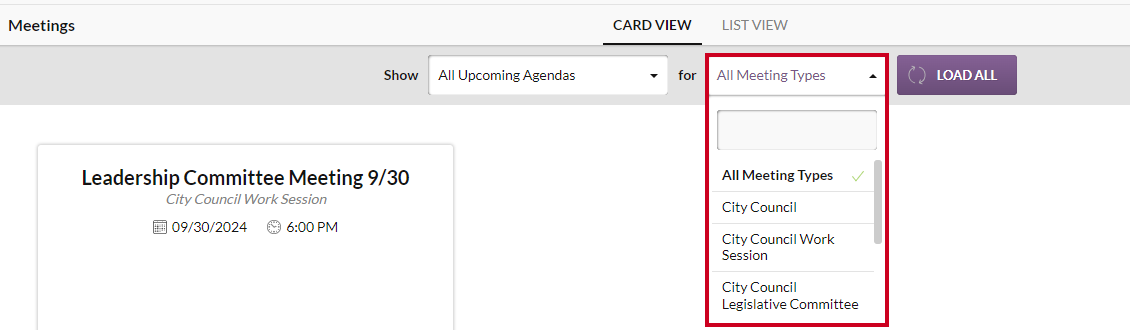 The For dropdown menu with example meeting types listed.