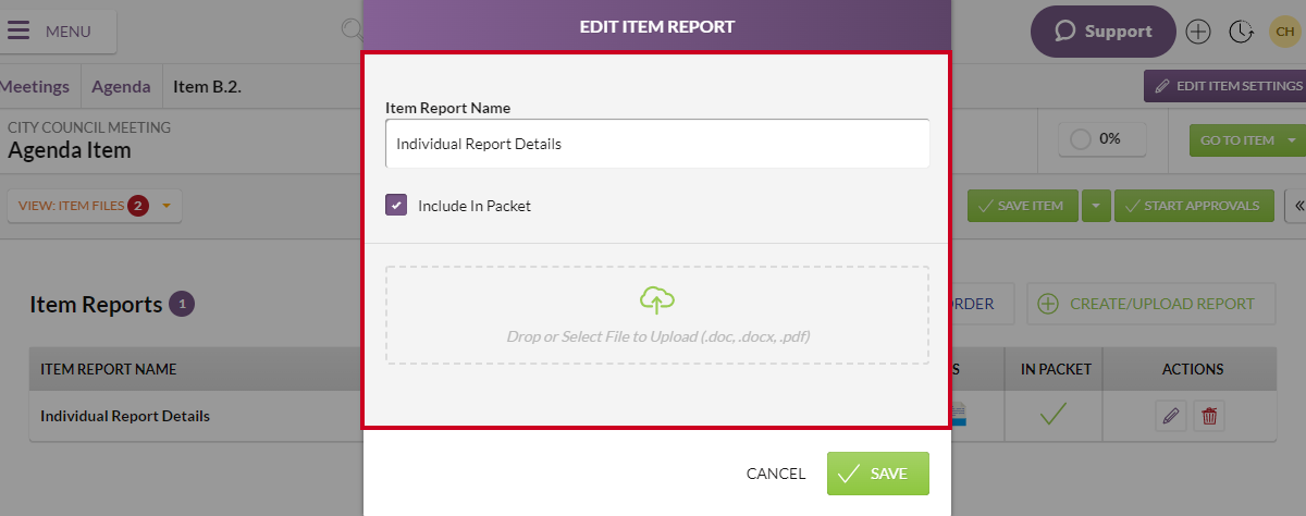 edit item report pop-up, information fields