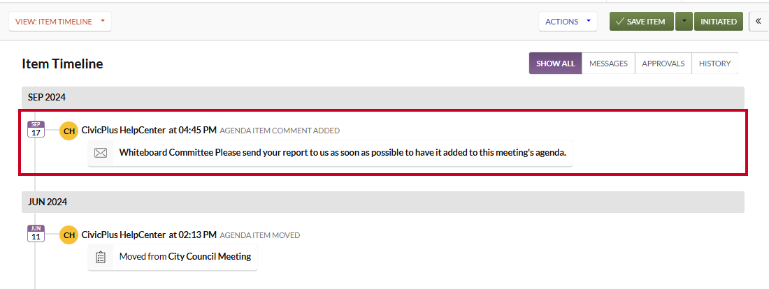 The example team message within the Item Timeline.