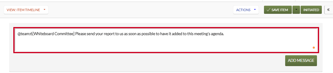 A complete example team message in the message box.