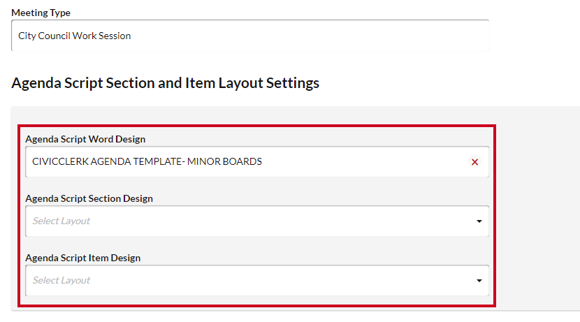 The Agenda Script Section and Item Layout Settings area.