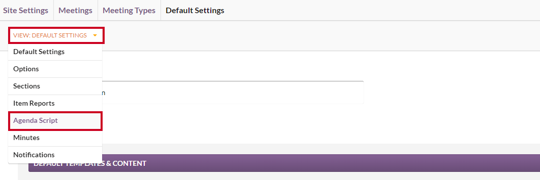 The View dropdown menu with the Agenda Script option highlighted.