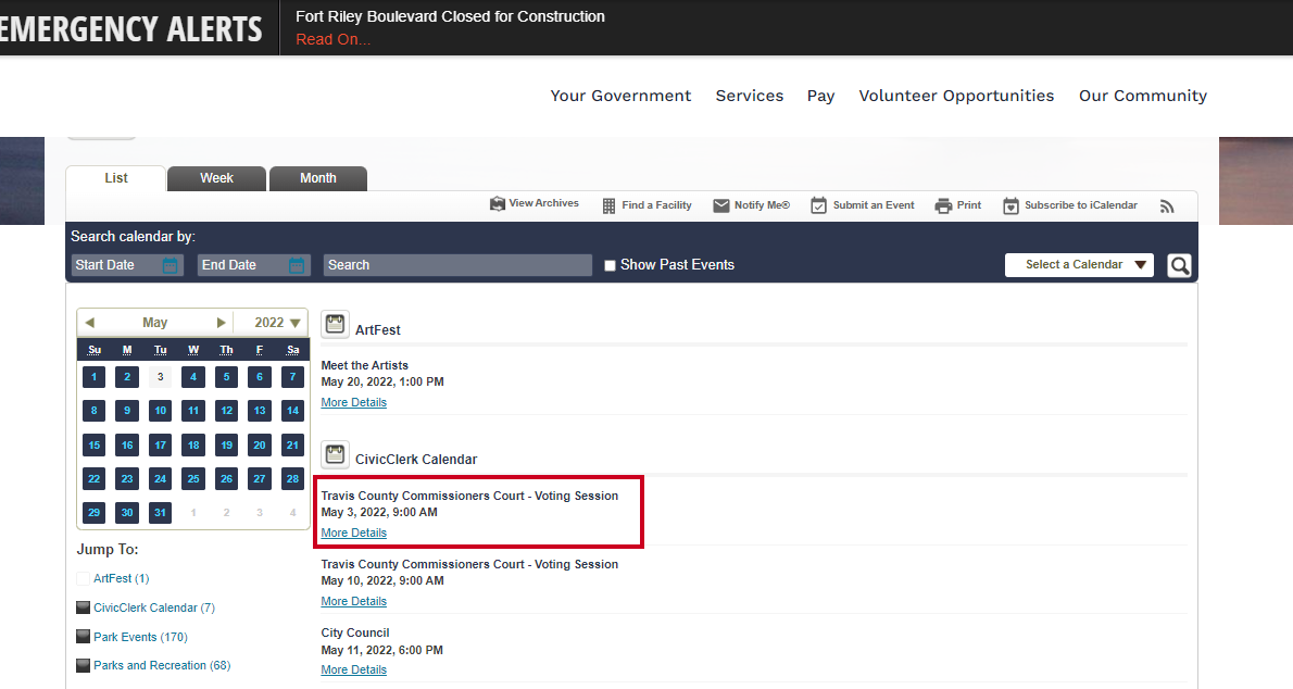 A front-end example published event in an Agenda and Meeting Management Select calendar in Web Central.