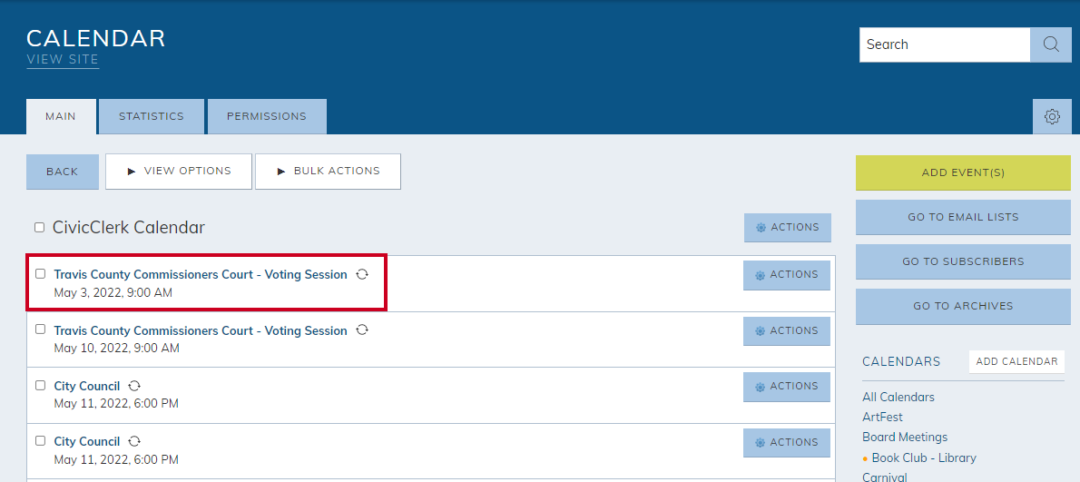 A back-end example published event in an Agenda and Meeting Management Select calendar in Web Central.