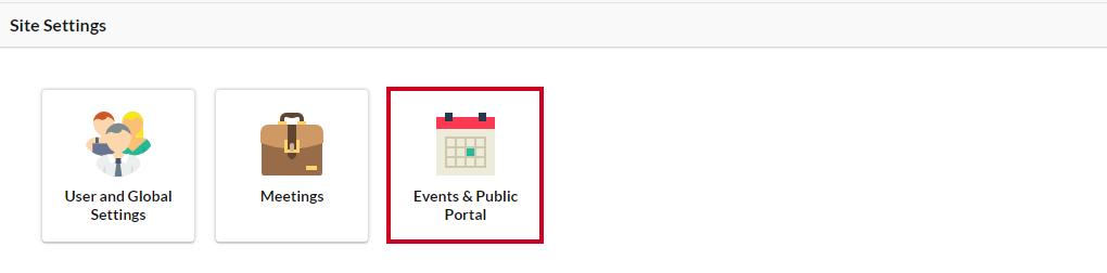 The white, square Events and Public Portal tile with a calendar icon on the Site Settings page.