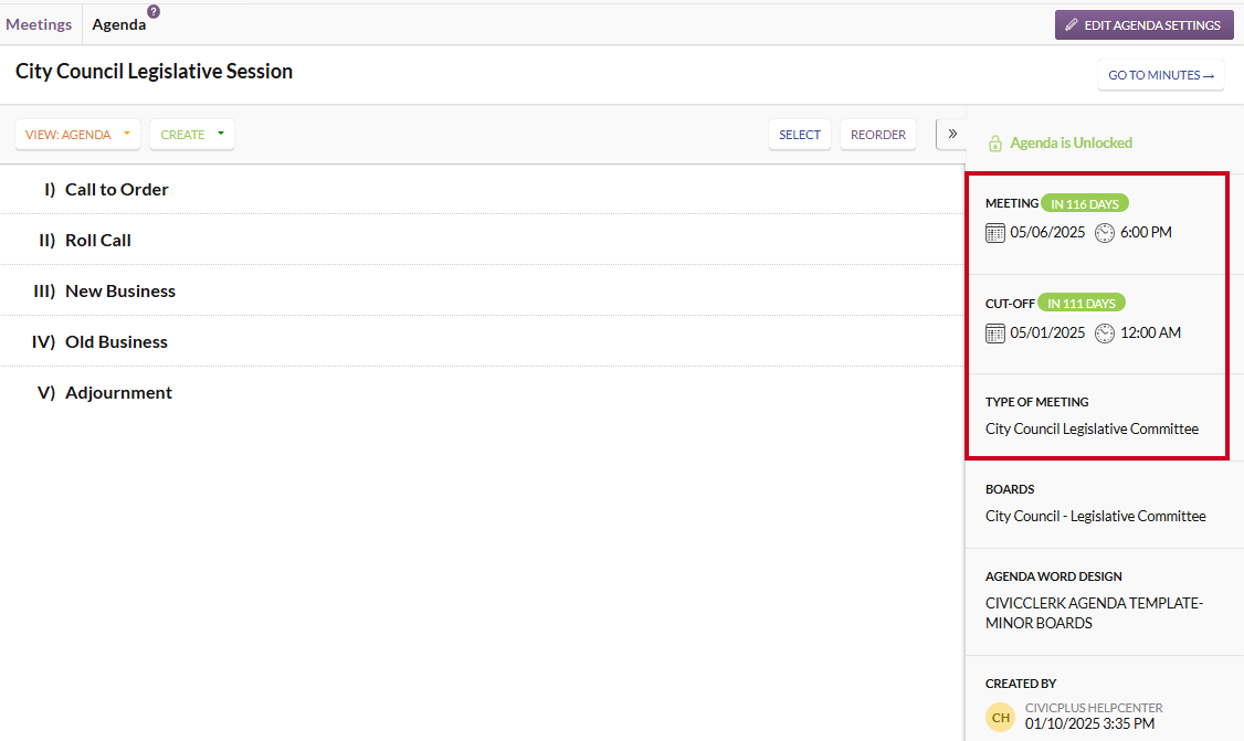 The event information section on an example agenda page sidebar.
