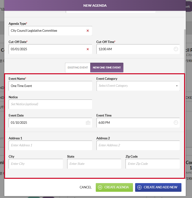 new one-time event button and information fields