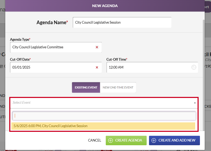 The Select Event dropdown list with an example event highlighted.