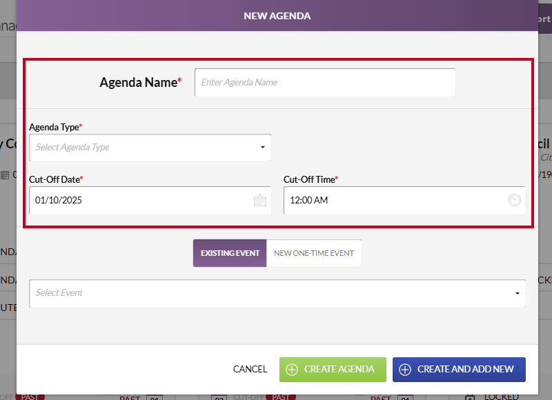 new agenda window, information fields