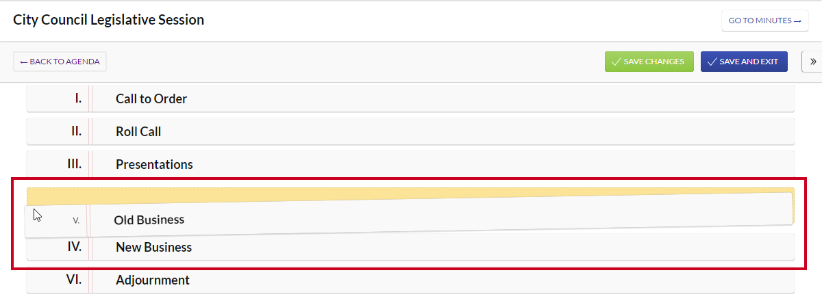 An example agenda section being dragged and dropped.