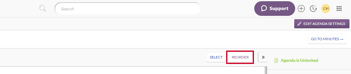 The white, rectangular Reorder button which is clicked to move agenda sections and items into place.