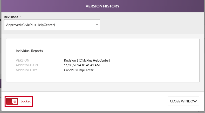 A red and white rectangular Locked toggle in the lower-left corner of the Version History modal.
