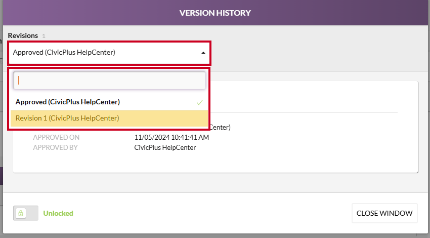 revisions drop-down menu