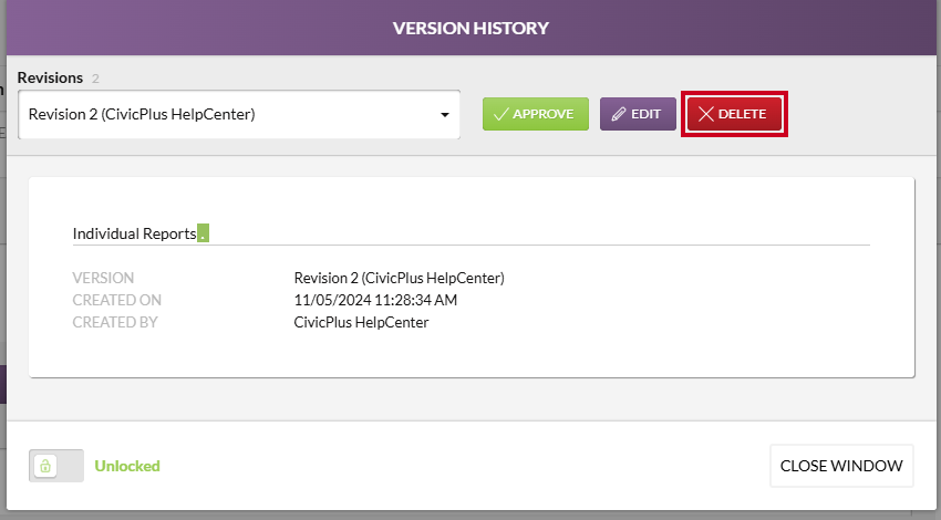 version history, delete button