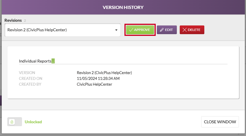 version history, approve button