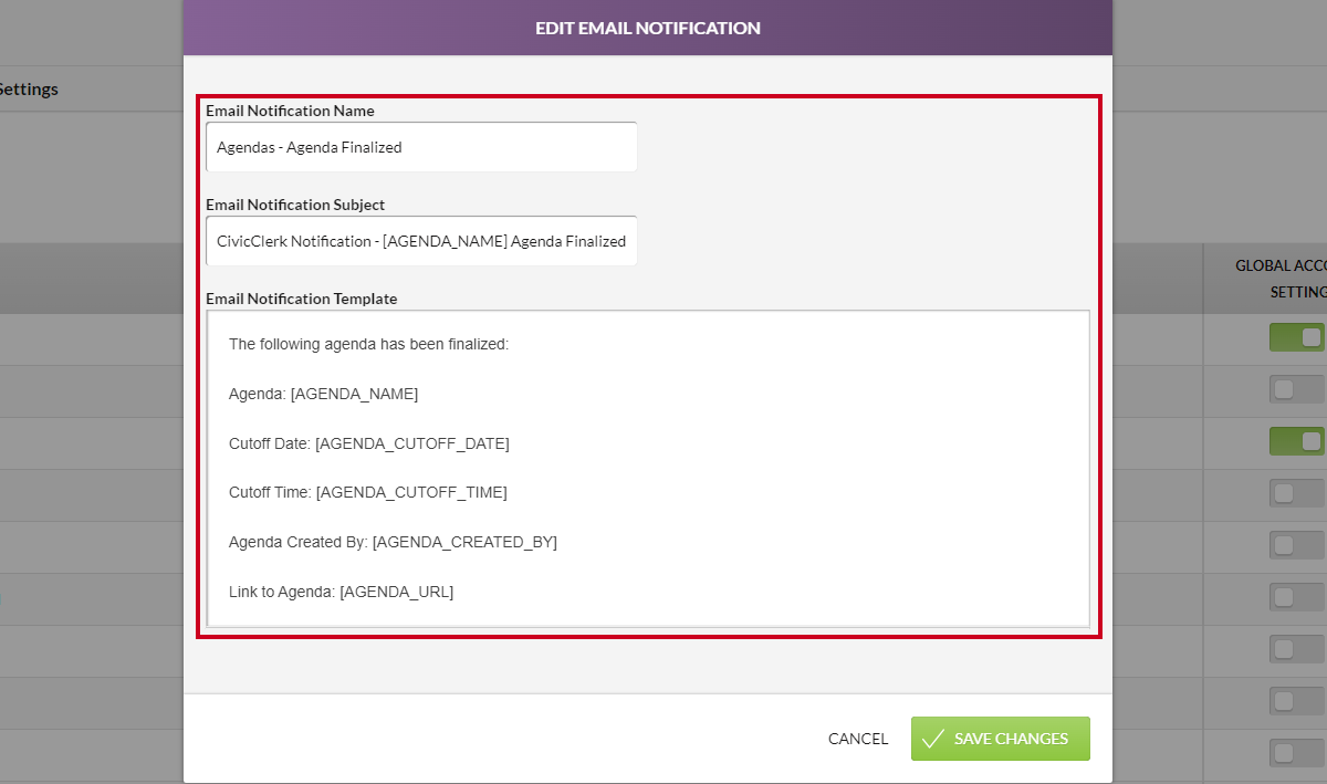 edit email notification interface, information fields
