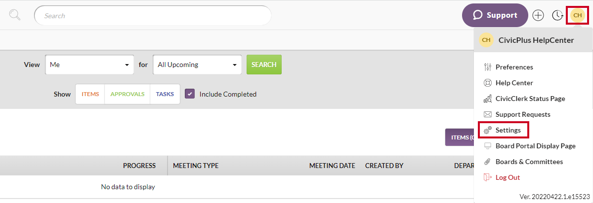 user menu, settings