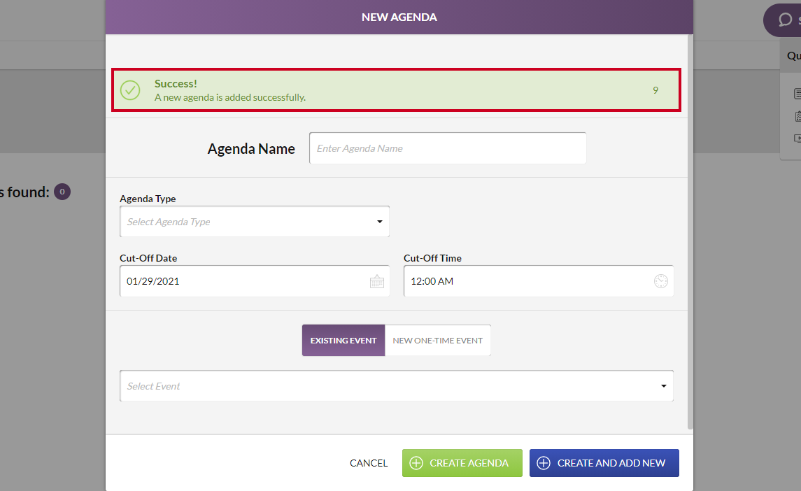 new agenda added successfully notification
