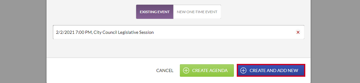 A blue, rectangular Create and Add New button in the lower-right corner of the New Agenda dialog box.