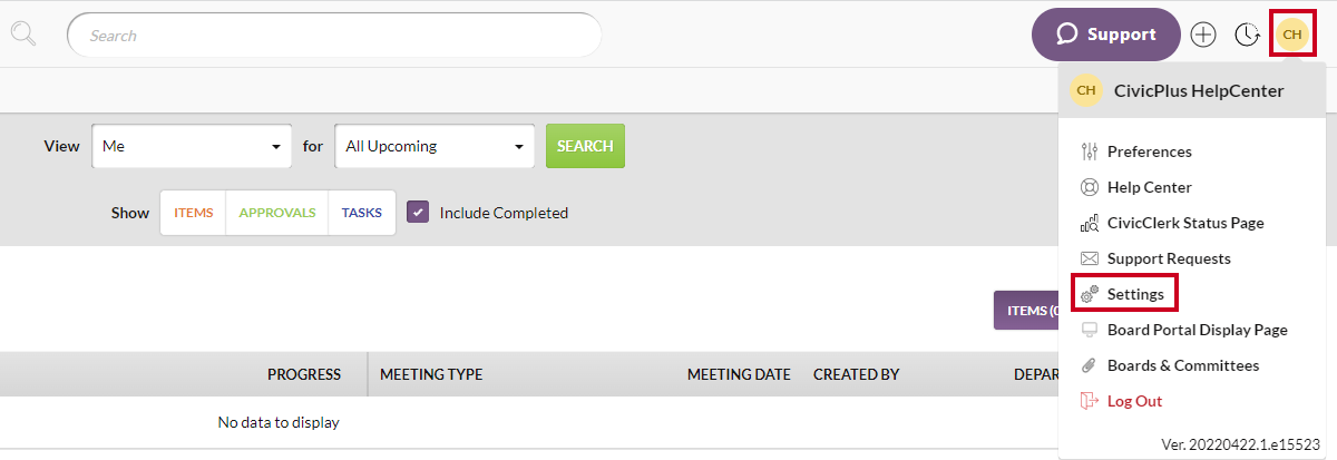 CivicClerk 8, user_menu, settings