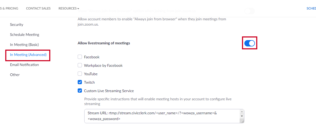 in meeting (advanced) options, allow live streaming meetings on or off slider, turned on