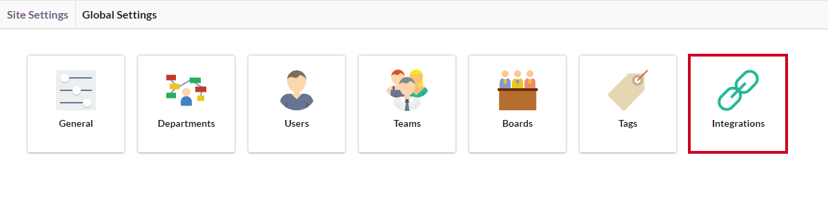 global settings, integrations button