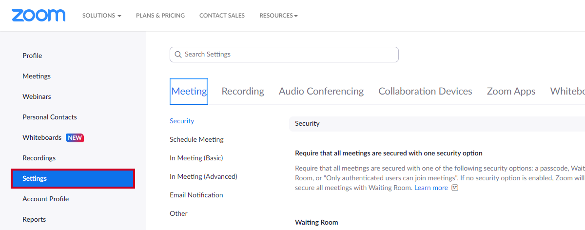 zoom website, left-hand menu, settings