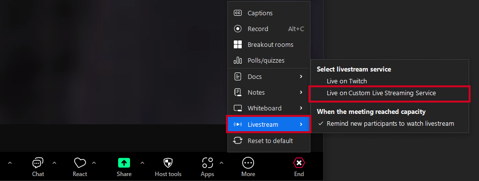 zoom meeting window, more menu, live on custom live stream service