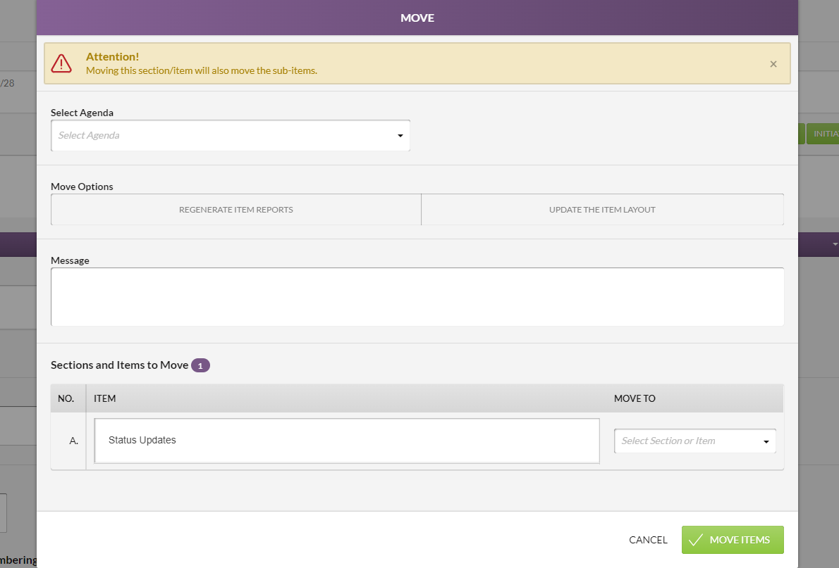 The information fields in the Move dialog box.