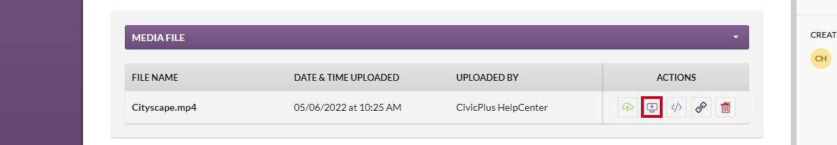 The gray, square Upload button with a purple computer monitor and down-arrow icon in the Media File section.