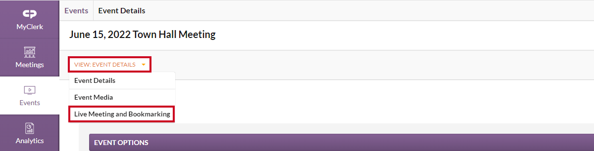 view menu, live meeting and bookmarking