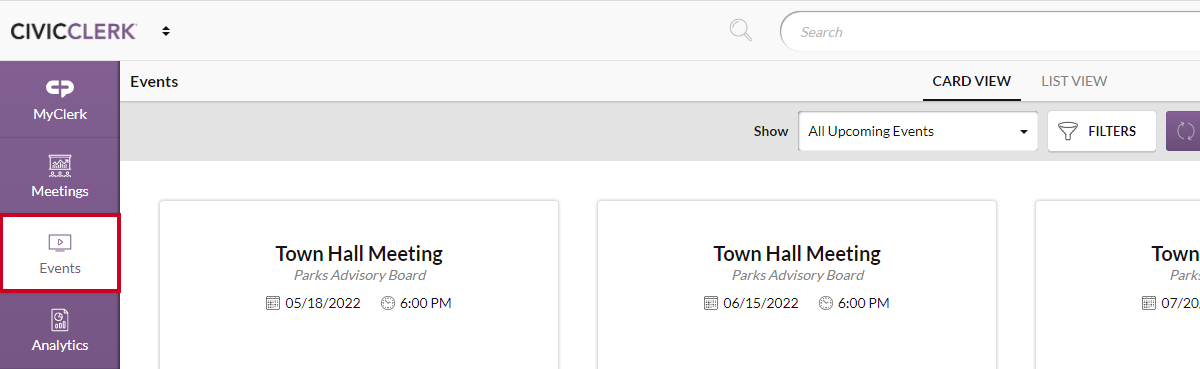 left-hand menu, events module