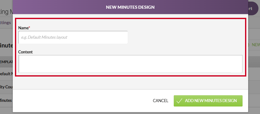 The New Minutes Design modal fields.