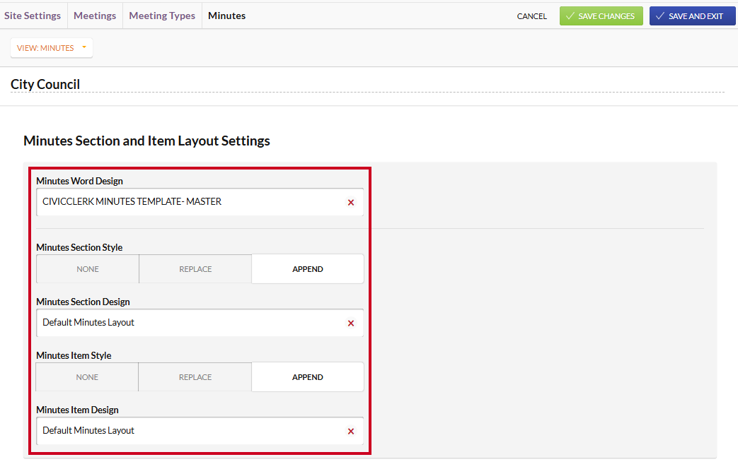 The Minutes Section and Item Layout Settings fields.