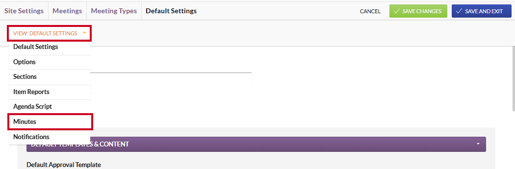 The View dropdown menu with the Minutes option highlighted.
