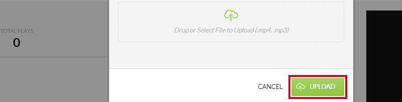 The green, rectangular Upload button in the lower-right corner of the Upload Media File modal.