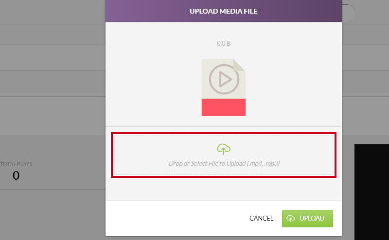 The Drop or Select File to Upload box within the Upload Media File modal.
