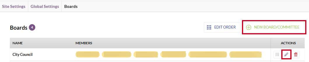 A white, rectangular New Board/Committee button.