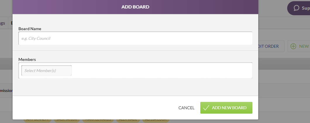 The Add Board dialog box with Board Name and Members fields.