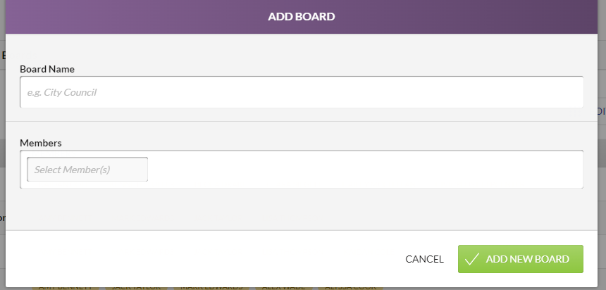 The Add Board dialog box with Board Name and Members fields.