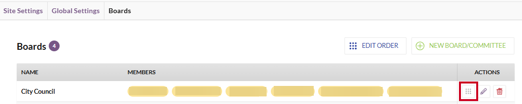 An Order button to the right of a board name and board member names.