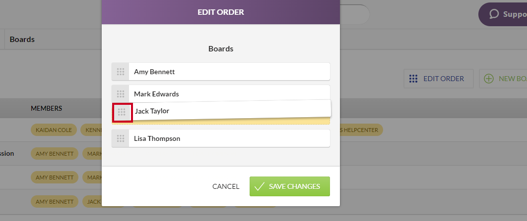 An example board member name being dragged and dropped into a new order within the Boards list on the Edit Order dialog.