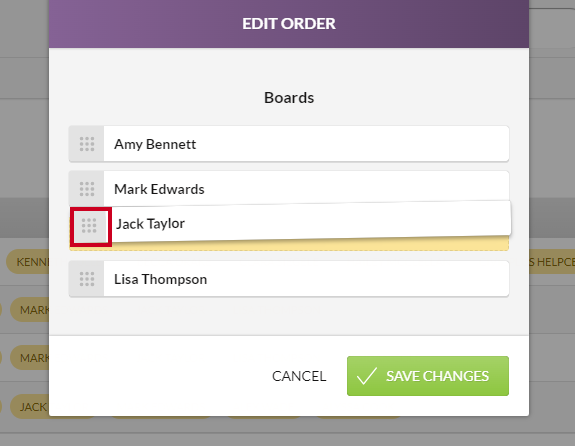 An example board member name being dragged and dropped into a new order within the Boards list on the Edit Order dialog.