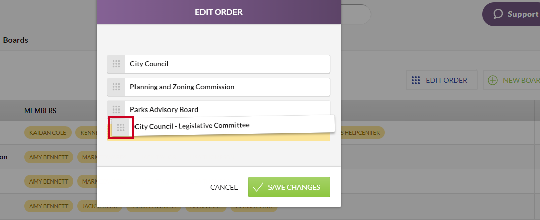An example board name being dragged and dropped into a new order within the Boards list on the Edit Order dialog.