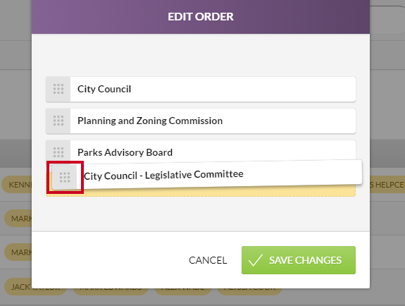 An example board name being dragged and dropped into a new order within the Boards list on the Edit Order dialog.