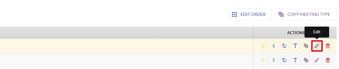 An Edit button to the right of an example meeting type.